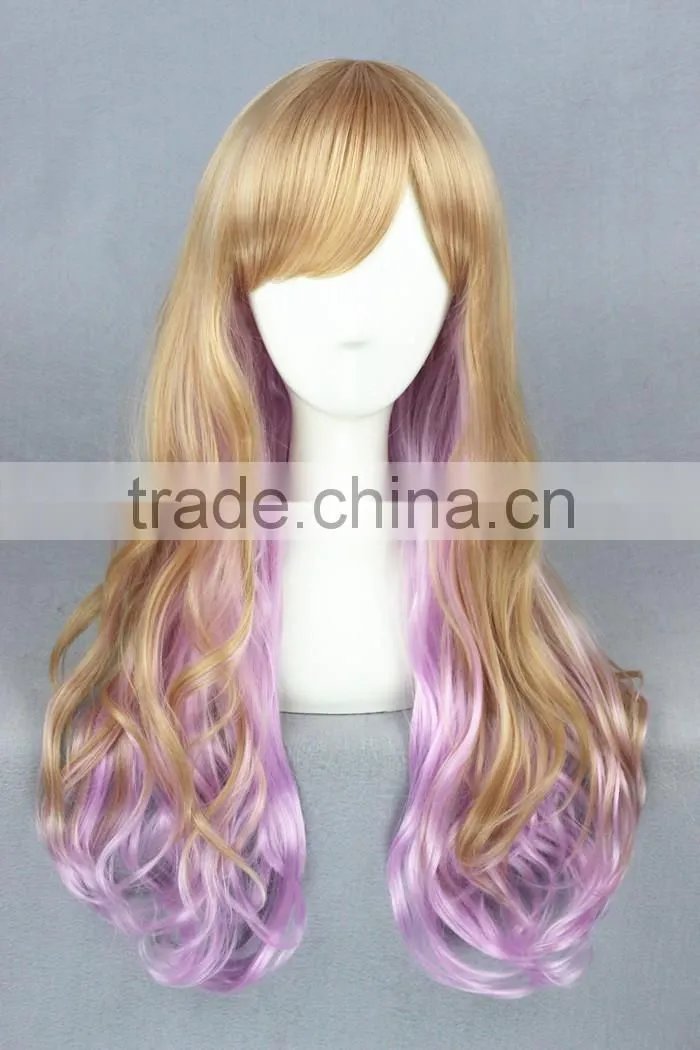 High Quality 65cm Medium Long Wave Blond&Purple Color Mixed Lolita Wig Synthetic Anime Wig Cosplay Hair Wig Party Wig