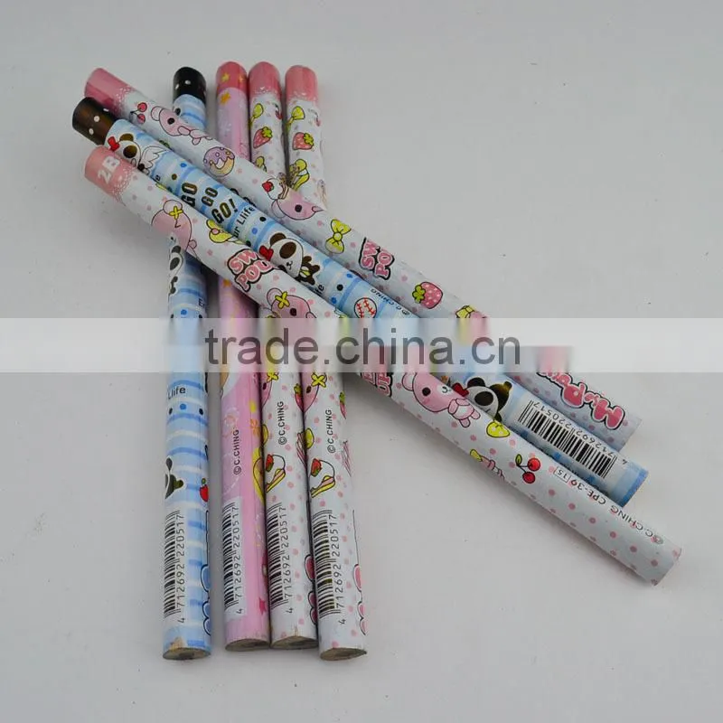 2B 15cm plastic mantle cartoon wooden round pencil with no sharperning
