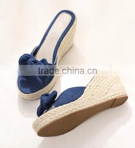 Latest design jeans slippers hemp rope wedge heel bedroom slippers