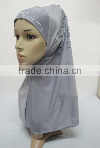 H309 latest instant hijab with lace fringes and rhinestones,muslim scarf