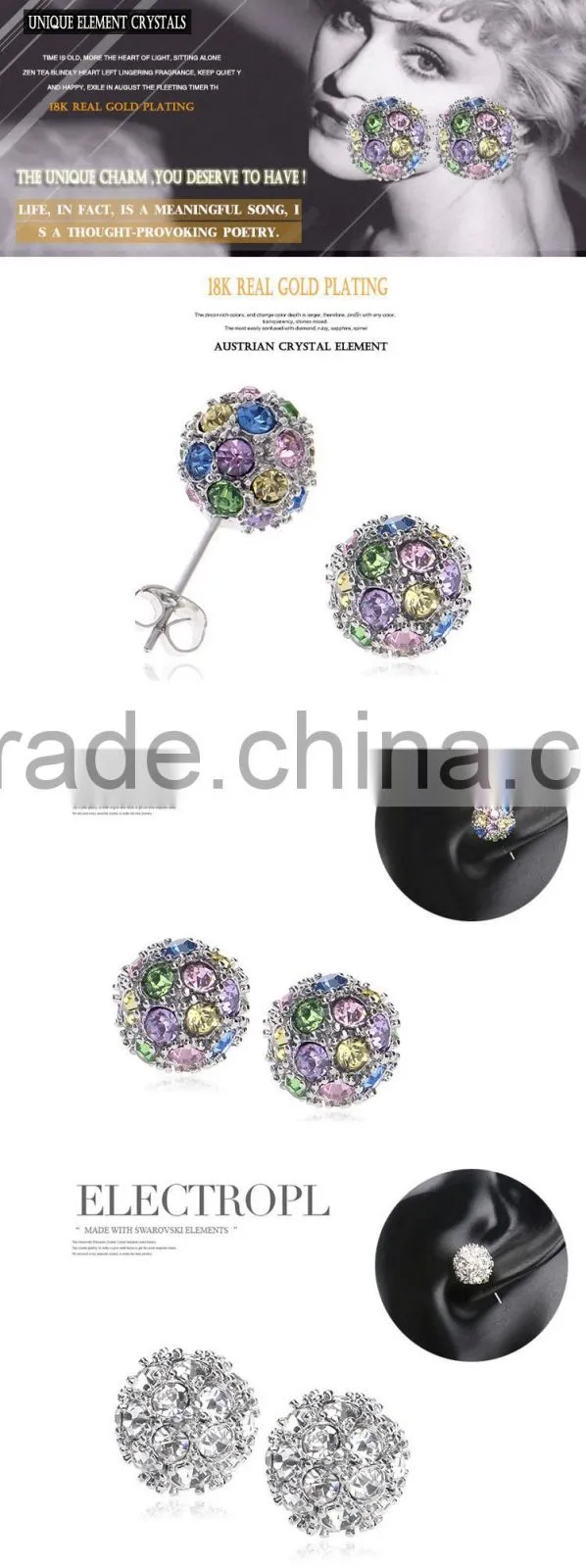 Woman Gold Plated 18k Ball Stud Earrings Jewelry Fashion
