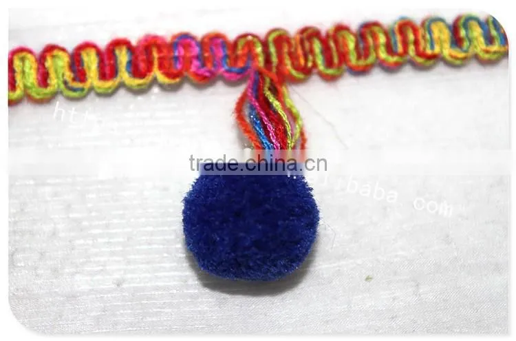 Fashional design 5cm width corchet cotton rainbow pom pom for garment