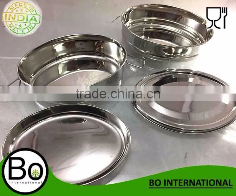 stainless steel oval bento lunch box three layer 17 x 12 x 8 cm