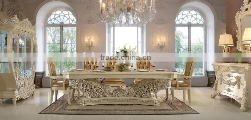 French Royal Style Solid Wood Round Dining Table Set With Upholstery Dining Chairs And Side Board Sets(MOQ=1 SET)