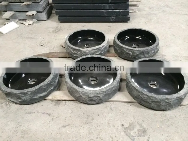 best price Shanxi black granite stone bathroom sink with natural outside