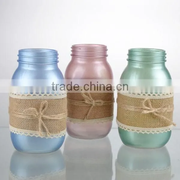 4colorful machine made glass with handle mason jar vase with hemp rope