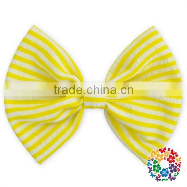 Fashion Hot Sale Blue white Stripe Seersucker Hair bows 5" boutique hair bows