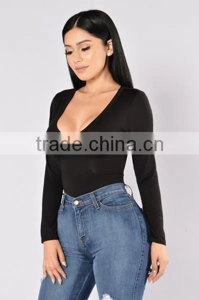 Most Popular Sexy Full Bodysuits 95% Rayon 5% Spandex Deep V Neckline Long Sleeve Sexy Bodysuits Women