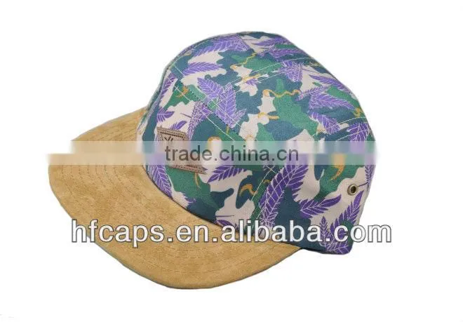 2013 spring fashion blank floral suede bill 5 panel custom camp cap and hat