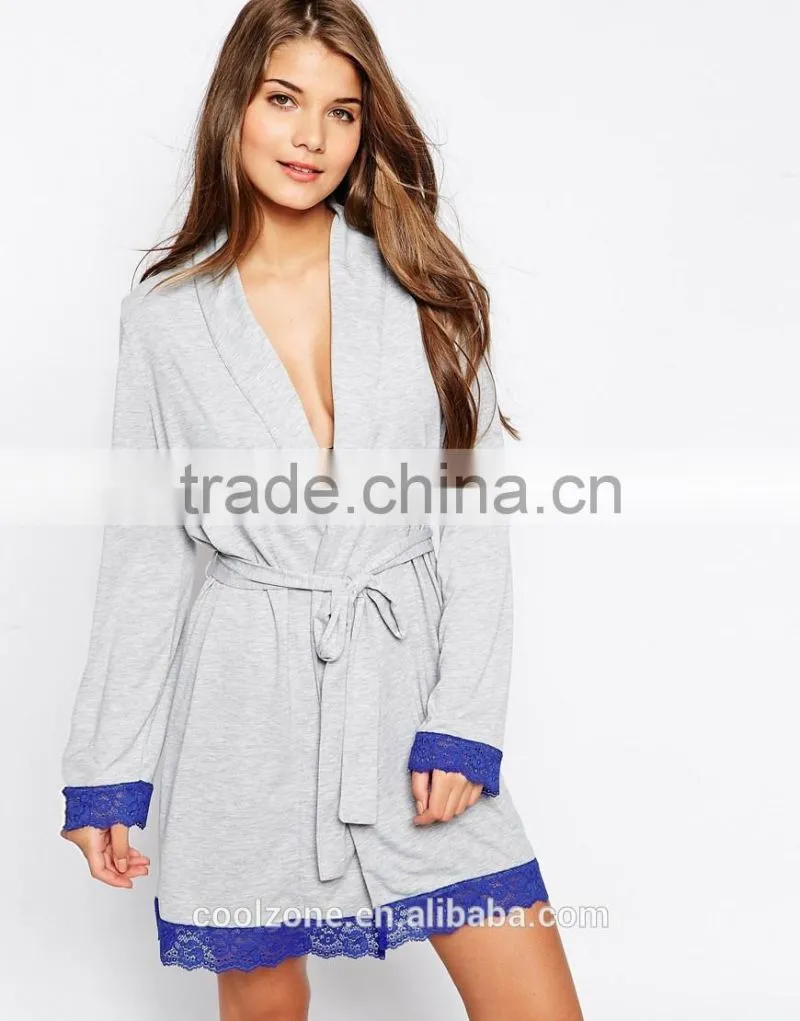 Open front design lightweight bath robe,women lace trim robe with self-tie belt