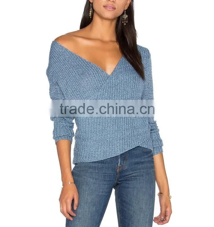 Blue plain custom v-neck sweater for women pullover sweater dress