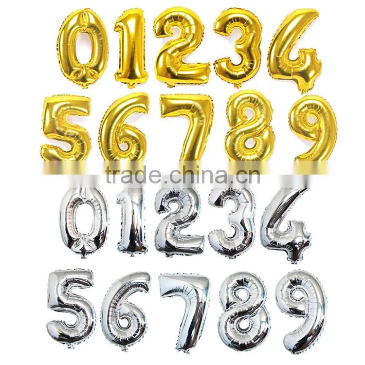 16 inch gold silver blue pink color foil number balloons for party decoration