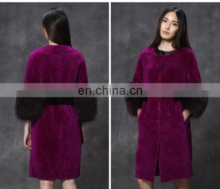 hot pink Merino sheep wool sheep shearling fur rose red overcoat with raccoon trimming