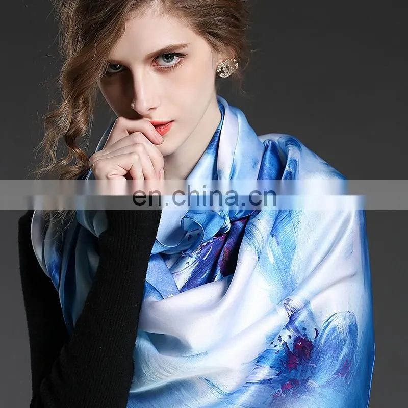 Blue silk square scarf for women 110*110