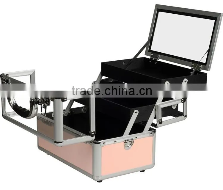 Aluminum Makeup Train Case Clear Acrylic Top, Travel Cosmetic Box w/2 Trays, Mirror and Shoulder Strap,Pink Beauty Cosmetic case