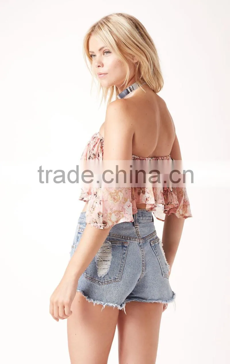 Designer Western Tops Images Women Off Shlouder Pink Floral Pattern Ruffle Crop Tops