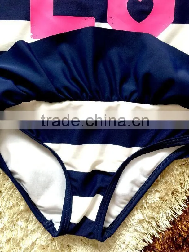 white and black stripes children swimwear,with a customized printing on front, one piece kids swimsuit,girls swimwear