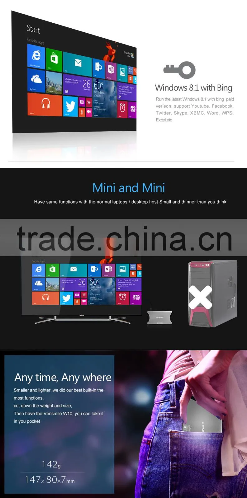 Factory Wholesale OEM 2+32GB wintel Intel 2016 vensmile w10 mini pc with 2.0 mp camera Vensmile win 10 mini pc