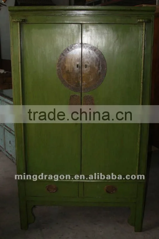 Chinese antique furniture pine wood green shanxi two door two drawer clothes cabinet