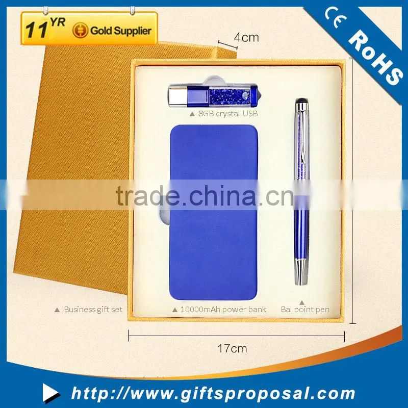 Special gift set with high quality power bank 10000mah,crystal usb memory stick and crystal ballpoint pen