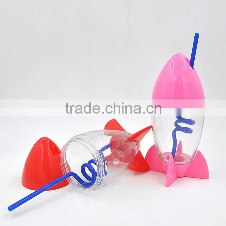 Reusable Creative Joyshaker Rocket Water Bottle, Plastic Cup With Straw For Kids