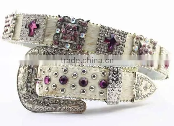 Cowgirl purple rhinestone cross crystal studded western leather hair belts