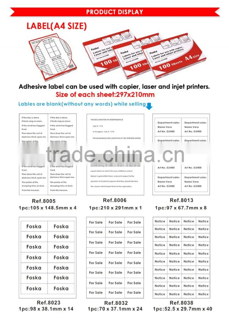 Hot Sale A4 Printing Adhesive Label Sticker.