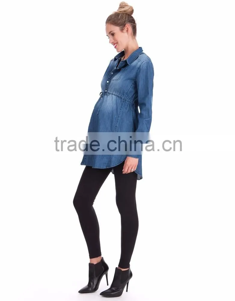 Washed Denim Maternity Support Band Long Shirt Style Dress