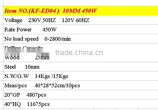 POWER TOOLS 10MM 450W HOT SELLING FAMILY ITEM HIGH QUALITY ELECTRIC DRILL FOR HOME USE