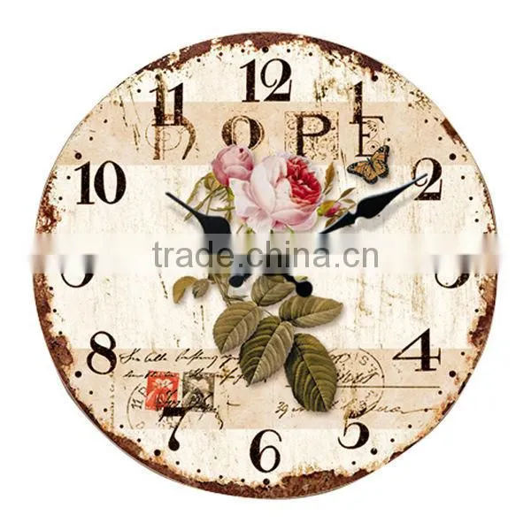 Vintage Decorative MDF Wall Clock Wooden Wall Clock with Metal Decoration