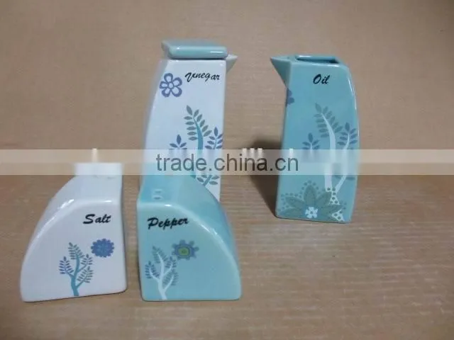 Ceramic grey green oil olive vinegar bottle salt pepper set