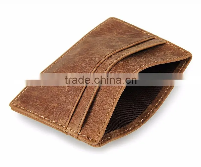 Handmade men's RFID blocking crazy horse leather slim front pocket wallet card holder