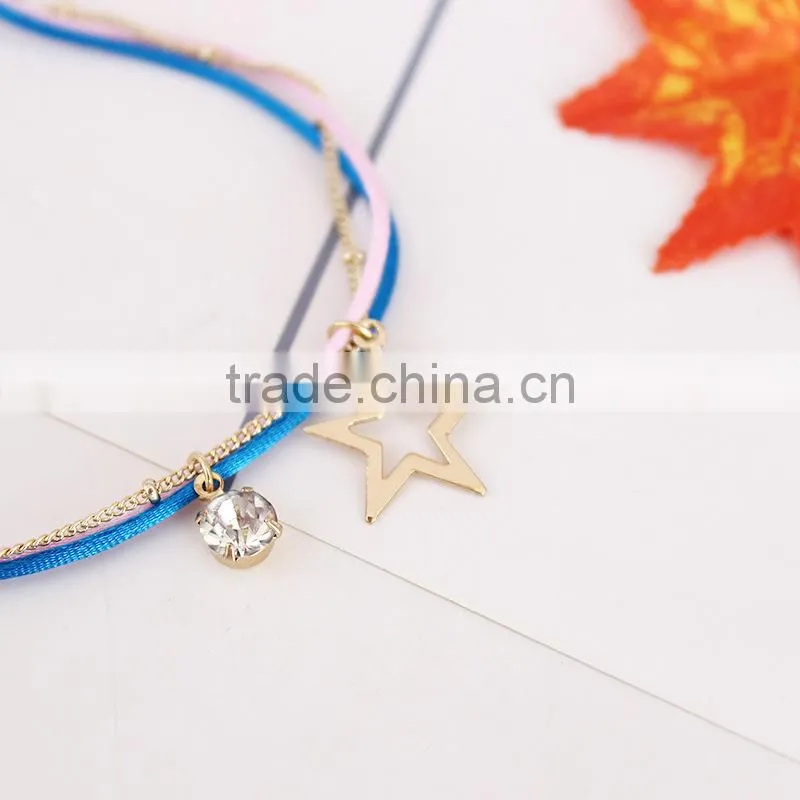 gold cross star zircon charms bracelet layered colorful silk cord gold chain bracelet
