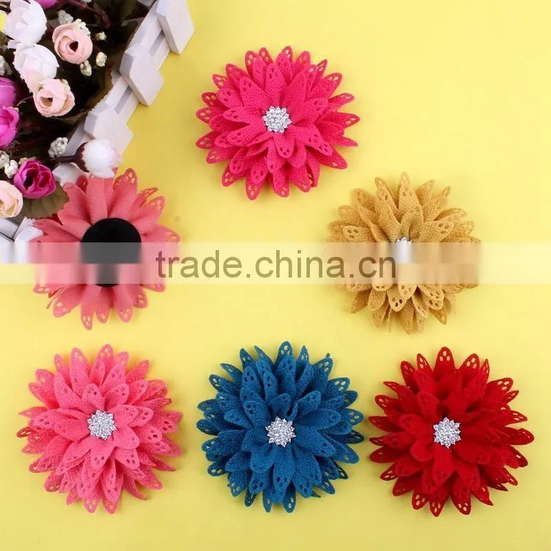 fabric flower with rhinestone center for kids hair accessories