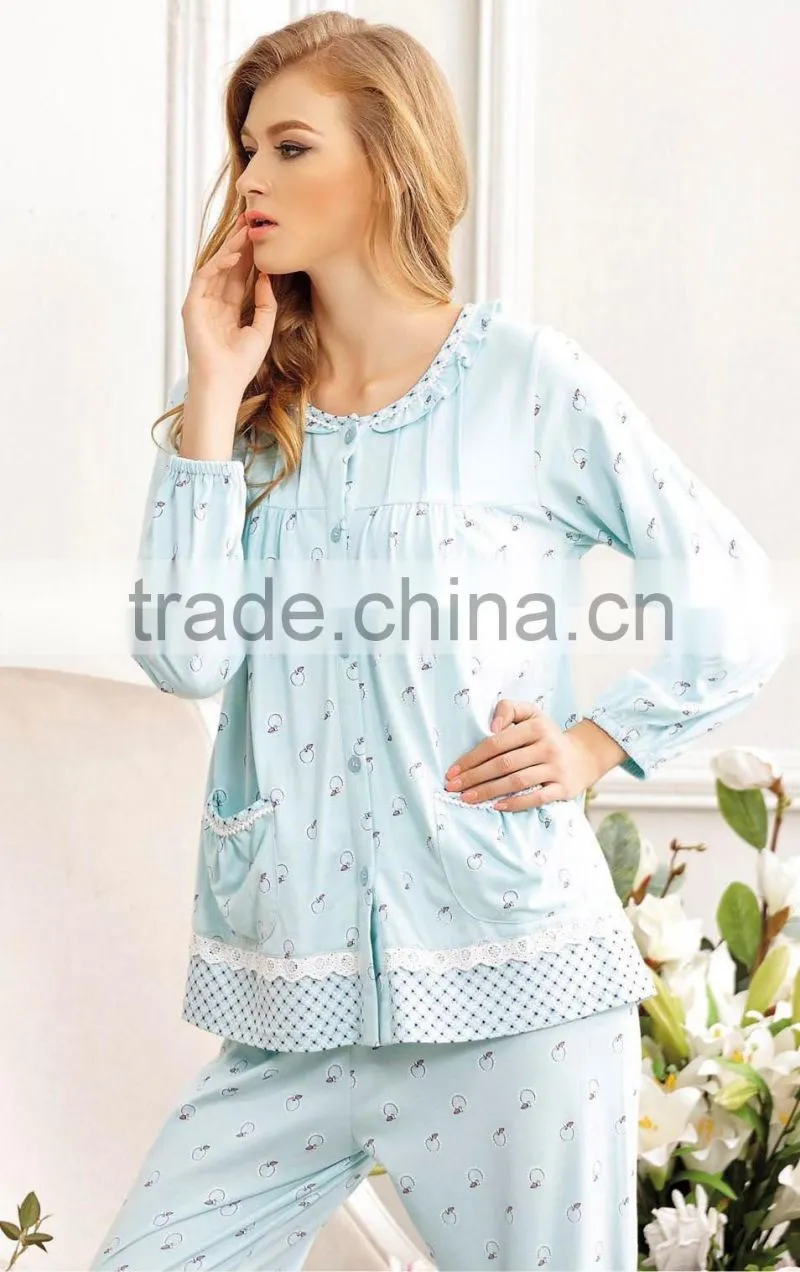 Lady Long Sleeve Sleepwear Casual Women Cotton Pajamas