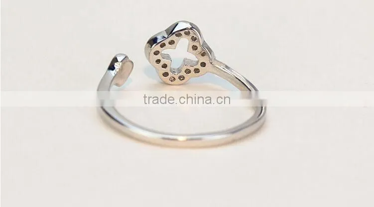 Spritual charm accessory Lucky Clover design top zircon diamond sterling 925 silver open ring