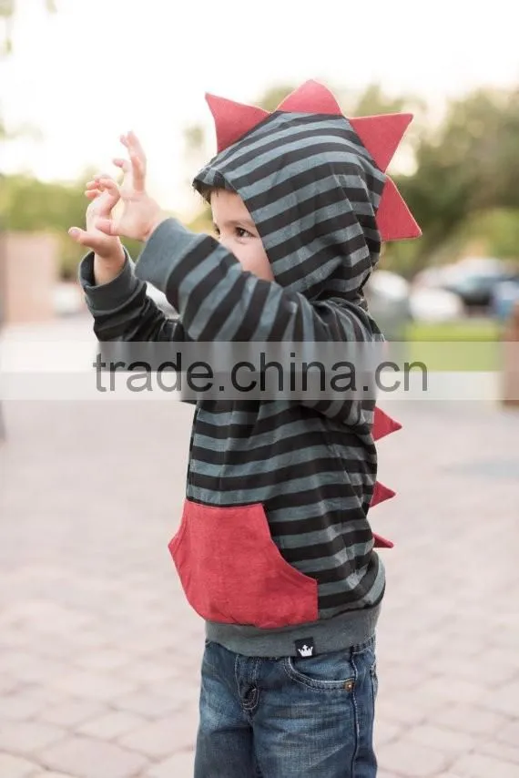 Long Sleeve Charcoal And Black Stripe Baby Children's Dino Hoodie