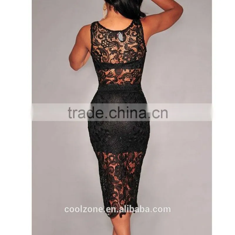 Ladys Sexy Floral Sheer Sleeveless Lace Crop Top and Midi Skirt Set Women Party Dress