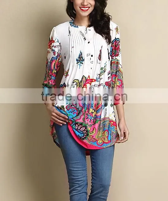 2016 New Women Tops With White Paisley Notch Neck Pin Tuck Tunic Women Blouse Women Clothing GD90426-22