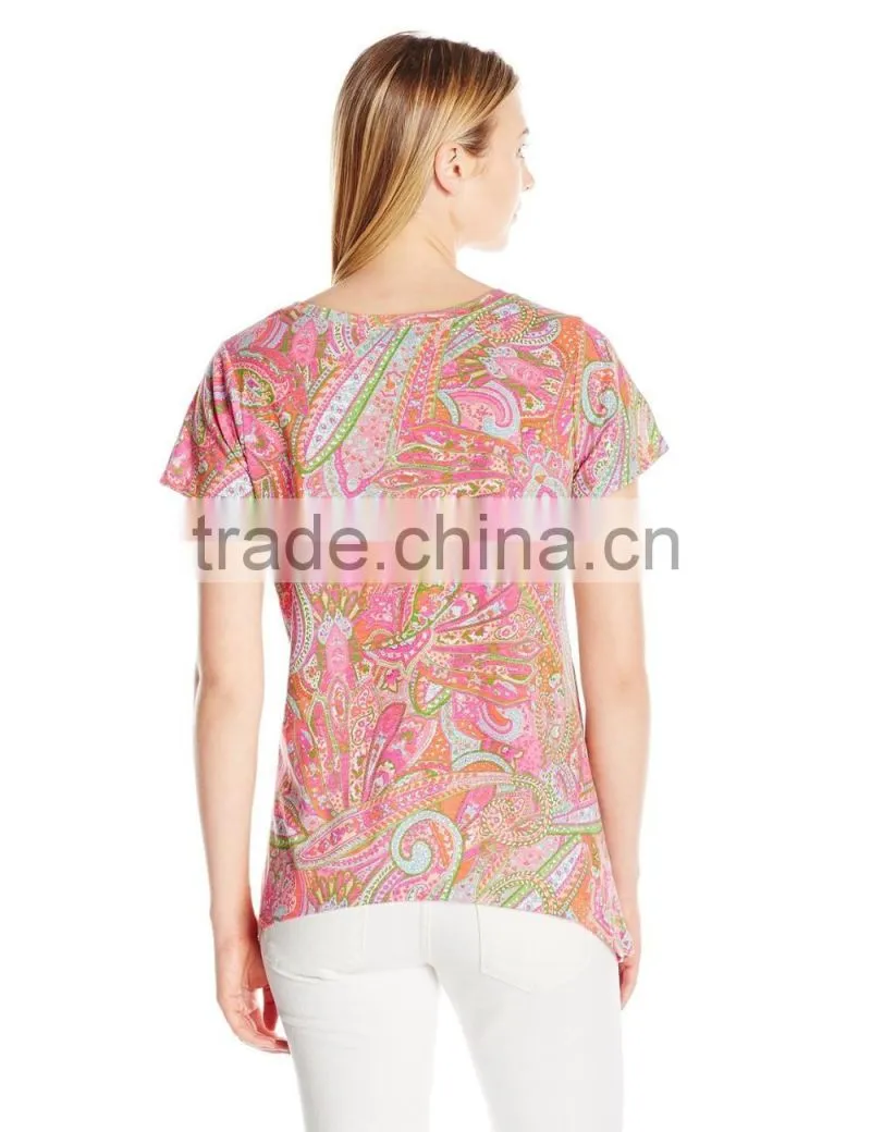Women's Printed Slub Short Sleeve Neck In Cabana Paisley Print Customizable T Shirt