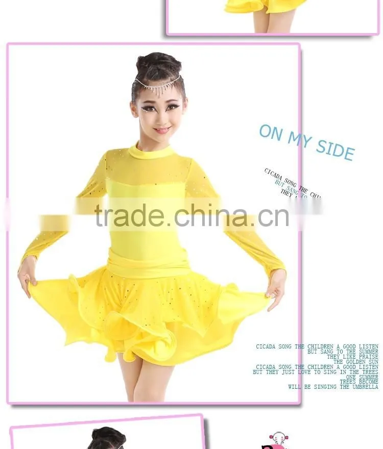 2016 New Fashion Girls High Neck Long Sleeve Performance Dress Child Kids Rhinstone Sequin Mesh Sexy Latin Dance Dress