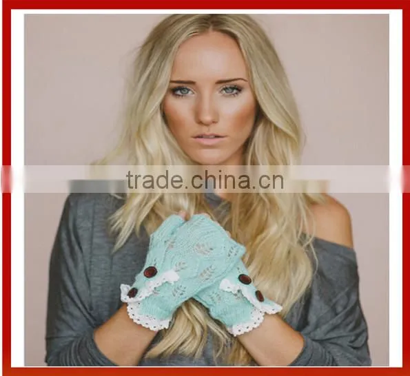 Women's Winter Colored Gloves With Lace And Buttons/New Design Lace Trim Knitted Ladies Hand Gloves