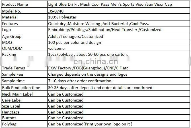 Light Blue Dri Fit Mesh Cool Pass Men's Sports Visor/Sun Visor Cap