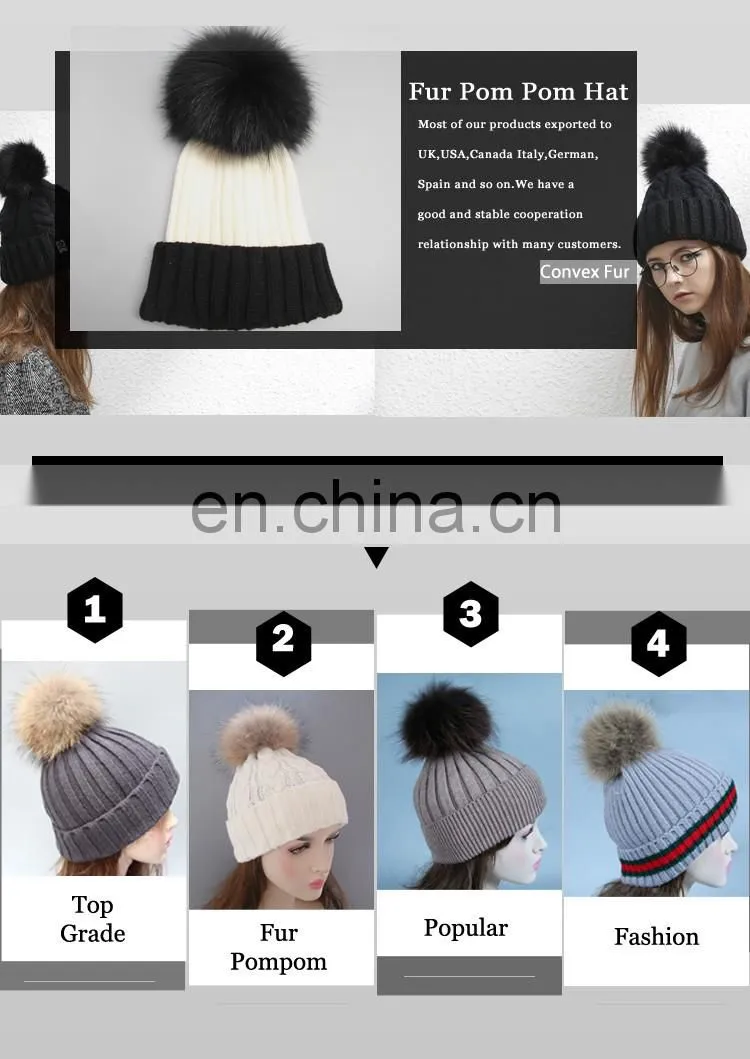 Wholesale custom winter ladies acrylic knitting beanies hat with pompon for lady