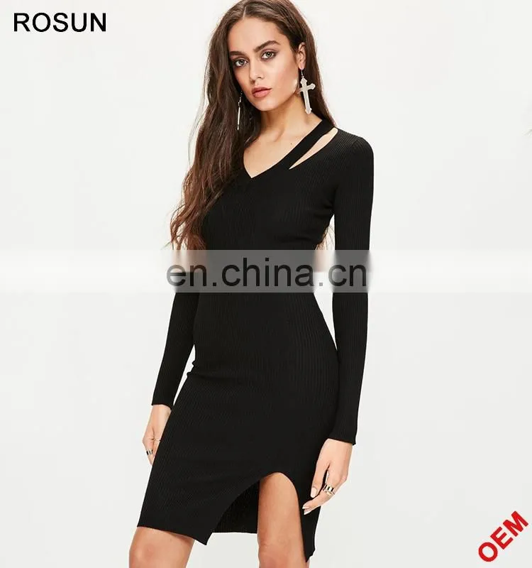 ROSUN China Factory OEM Cut Out V Neck Ribbed Midi Sweater Dress