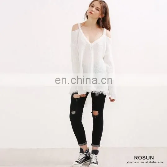 Newest Design White Cold Shoulder V Neck High Low Sweater