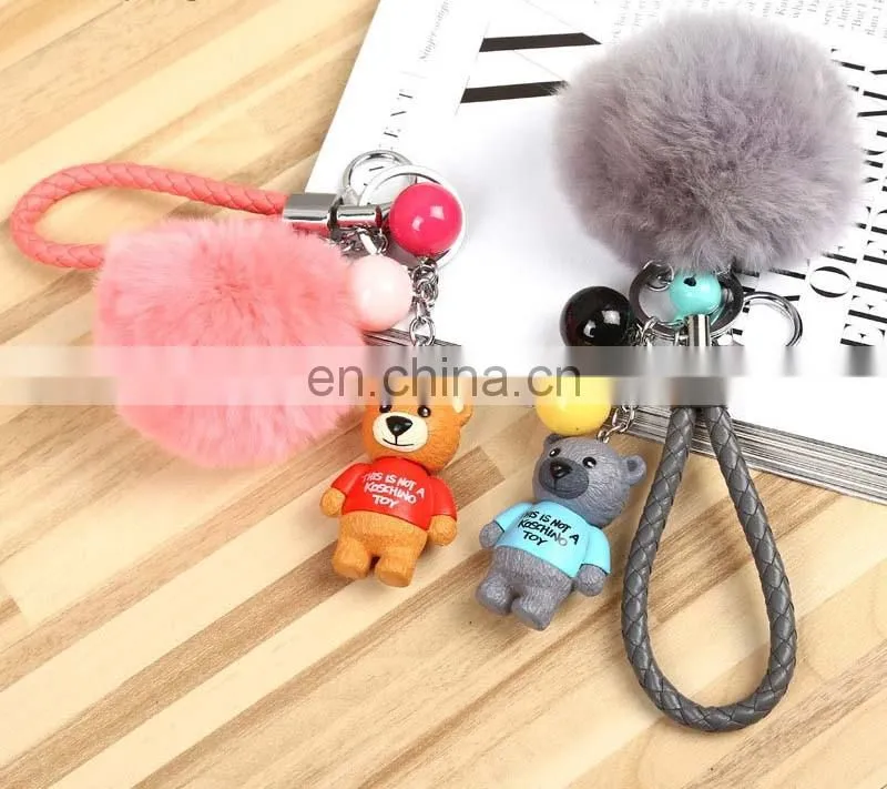 Rabbit Fur Ball WIth Bear Pendant Pom Pom Keychain With Leather Cord