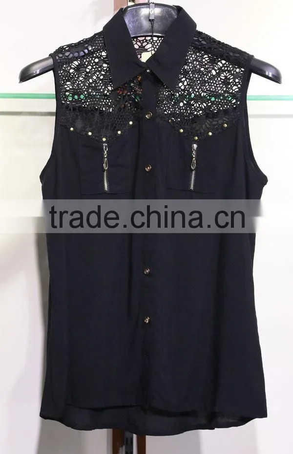 Women's sleeveless viscosa blouse with laced back yoke and front yoke black