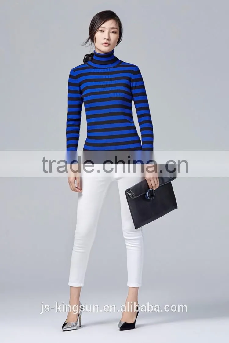 JS--11016B have three colors in-stock turtle neck striped women knit sweater