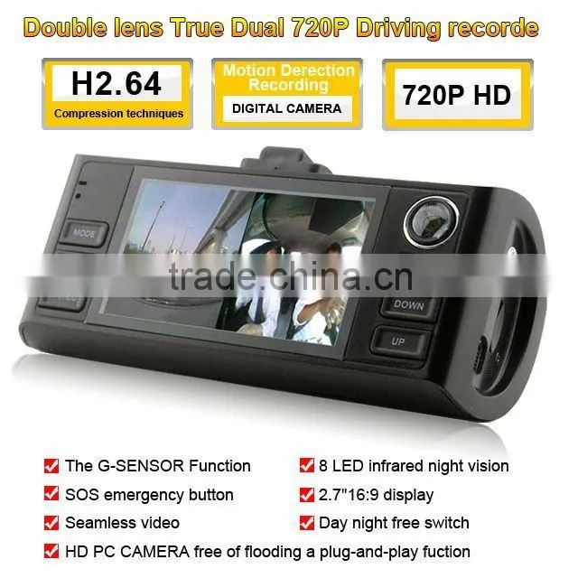 IR Night vision 2.7 inches dual camera car dvr 720p with G-sensor